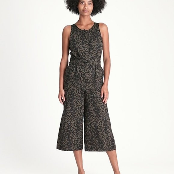 BR~new~Sleeveless Button Front Green Leopard Linen Cotton Wide Leg Jumpsuit sz 4 - Picture 1 of 14